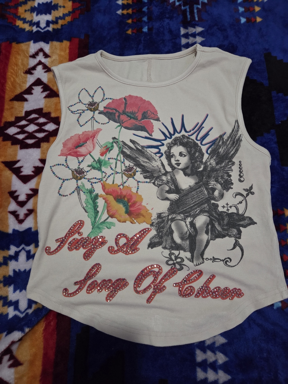 SHEIN Cream Graphic Angel Tank Top with Floral Print